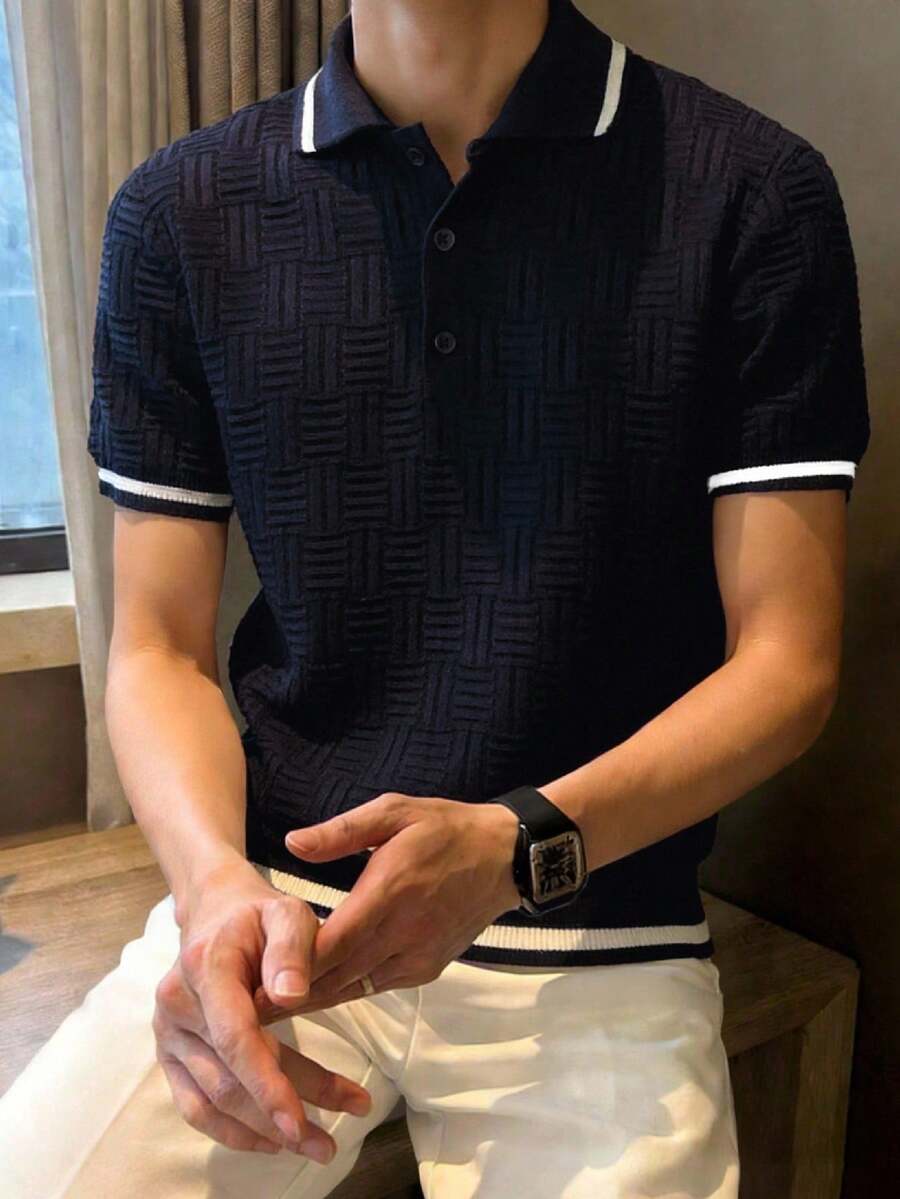 Manfinity Mode Suéter de punto con cuello polo y ribete de contraste, minimalista para hombre - Azul Marino - Ver 1