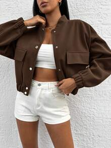 SHEIN Cottnline Cotton Women's Woolen Short Jacket With Baseball Collar - Coffee Brown - View 1