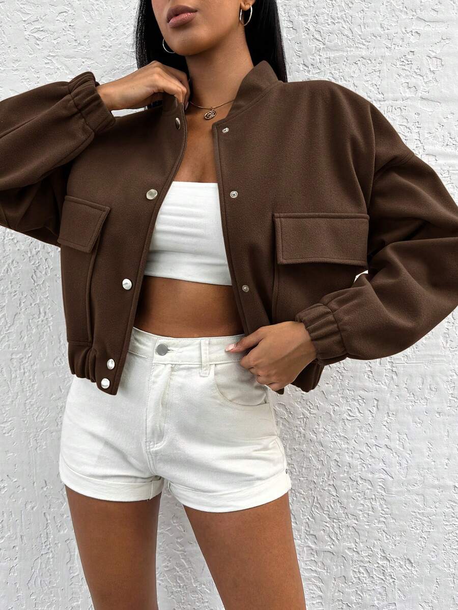 SHEIN Cottnline Cotton Women's Woolen Short Jacket With Baseball Collar - Coffee Brown - View 1