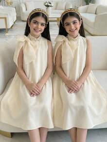 SHEIN Tween Girl Rhinestone Collar Sleeveless A-Line Dress,Oversized Bow Organza Decor Modest Formal Dress For Girls,Cream White,Summer,Elegant,Party - Apricot - View 7