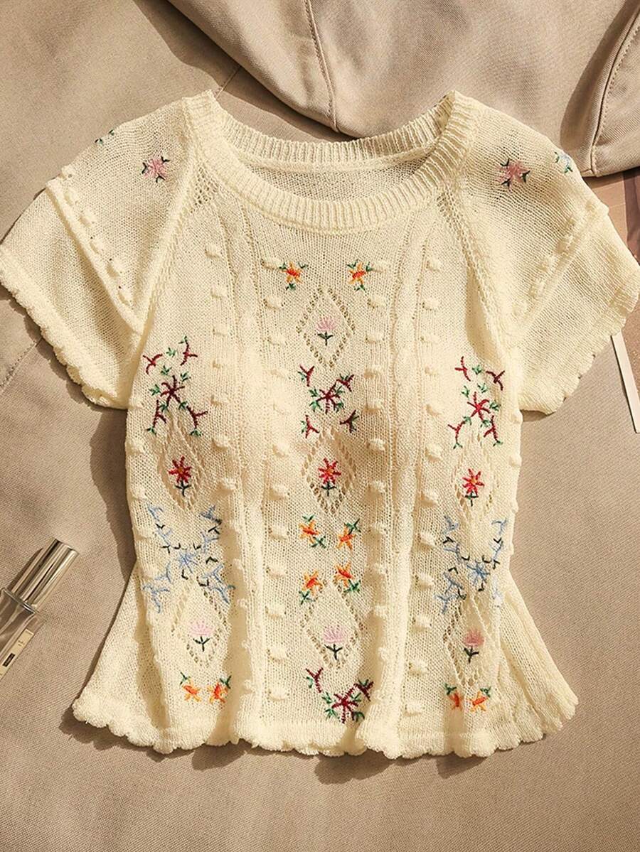 GlowEve 女士刺绣圆领插肩短袖休闲针织上衣 - 杏色 - 查看 1