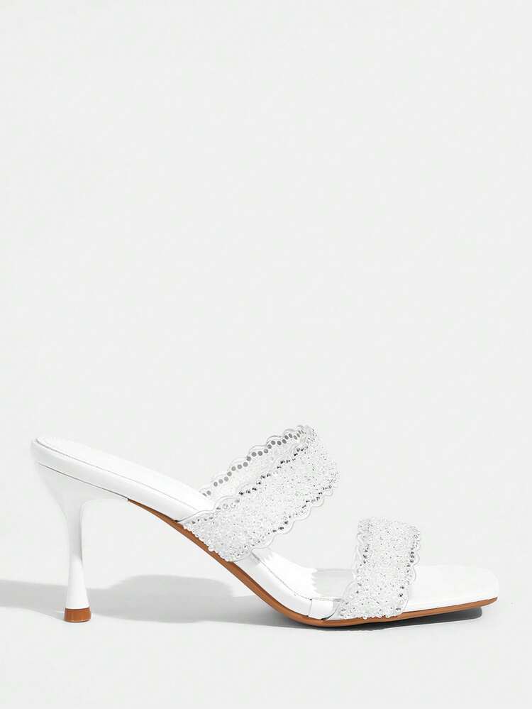 CUCCOO TILAWA Women Shoes Square Toe Slender Heel White Transparent Film Rhinestones Sexy Fashion Elegant Gorgeous Women's High Heel Sandals Slippers With Skirts Daily Versatile Banquet Party Women's Sandals