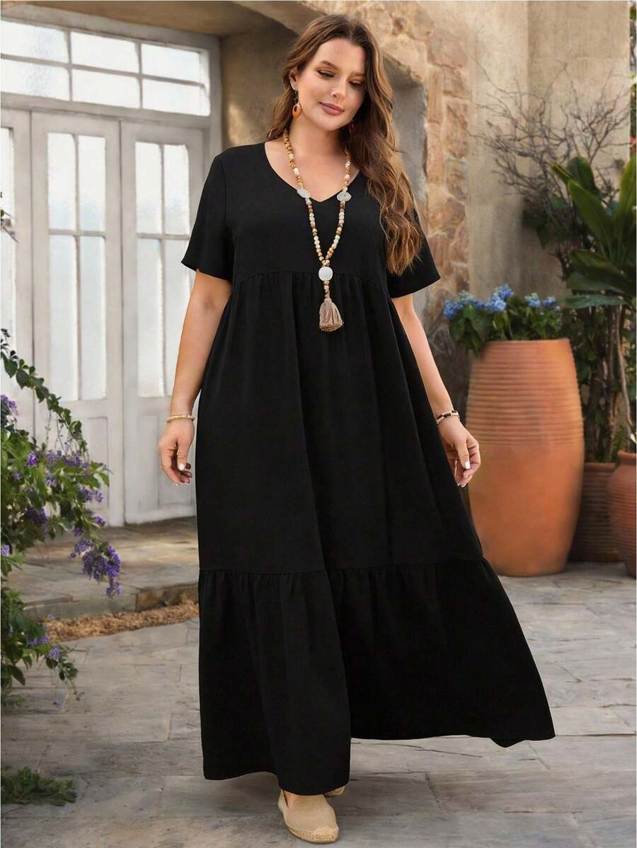 Rosumi Plus Size Women's Long Green Spring Dress Summer Outfits For Women Plus Size - Black - View 1