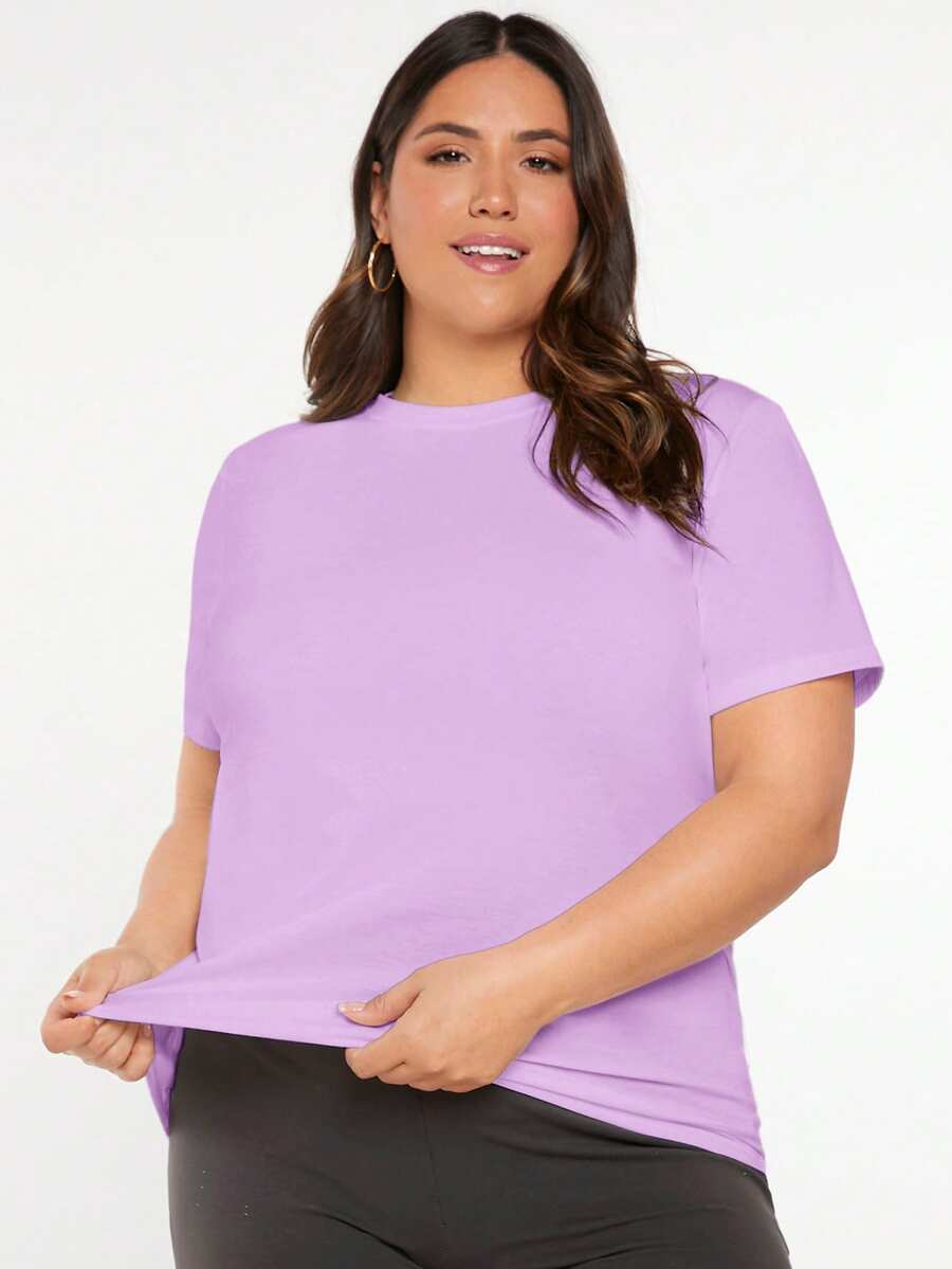 EMERY ROSE Plus Size Women's Solid Color Round Neck Short Sleeve Casual Versatile T-Shirt - Violet Purple - View 1