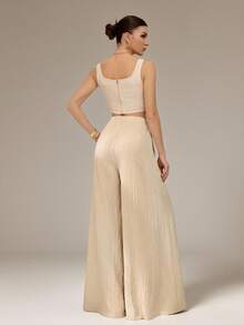 SHEIN Tall 新款春夏度假休闲鱼骨吊带上衣和带口袋的阔腿裤两件套纹理面料套装 - 卡其色 - 查看 2