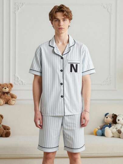 Striped Text Print Pattern Short Sleeve Shorts & Cardigan Pajama Set, Milk Silk Fabric, Casual Loungewear For Teens & Young Men