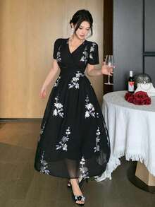 DAZY 女士优雅花卉亮片V领花瓣袖褶皱中长连衣裙，夏季婚礼宾客礼服，女士吊带裙 - 黑色 - 查看 7