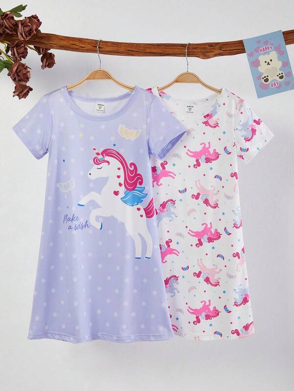 Genkimix Kids 2pcs/Set Young Girl' Minimalist Cute Cartoon Unicorn Print Blue & White Short Sleeve Long Nightgown Pajamas Set Kids Unicorn Nightgowns Unicorn Pajama Dresses For Girls Little Girls Sleep Dress