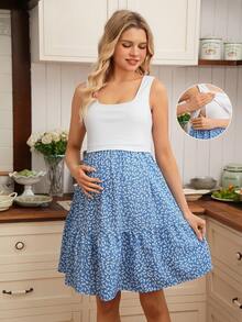 SHEIN Maternity Summer Dress Sleeveless Nursing Dress, Knitted High Elasticity Casual Ditsy Floral - Baby Blue - View 1