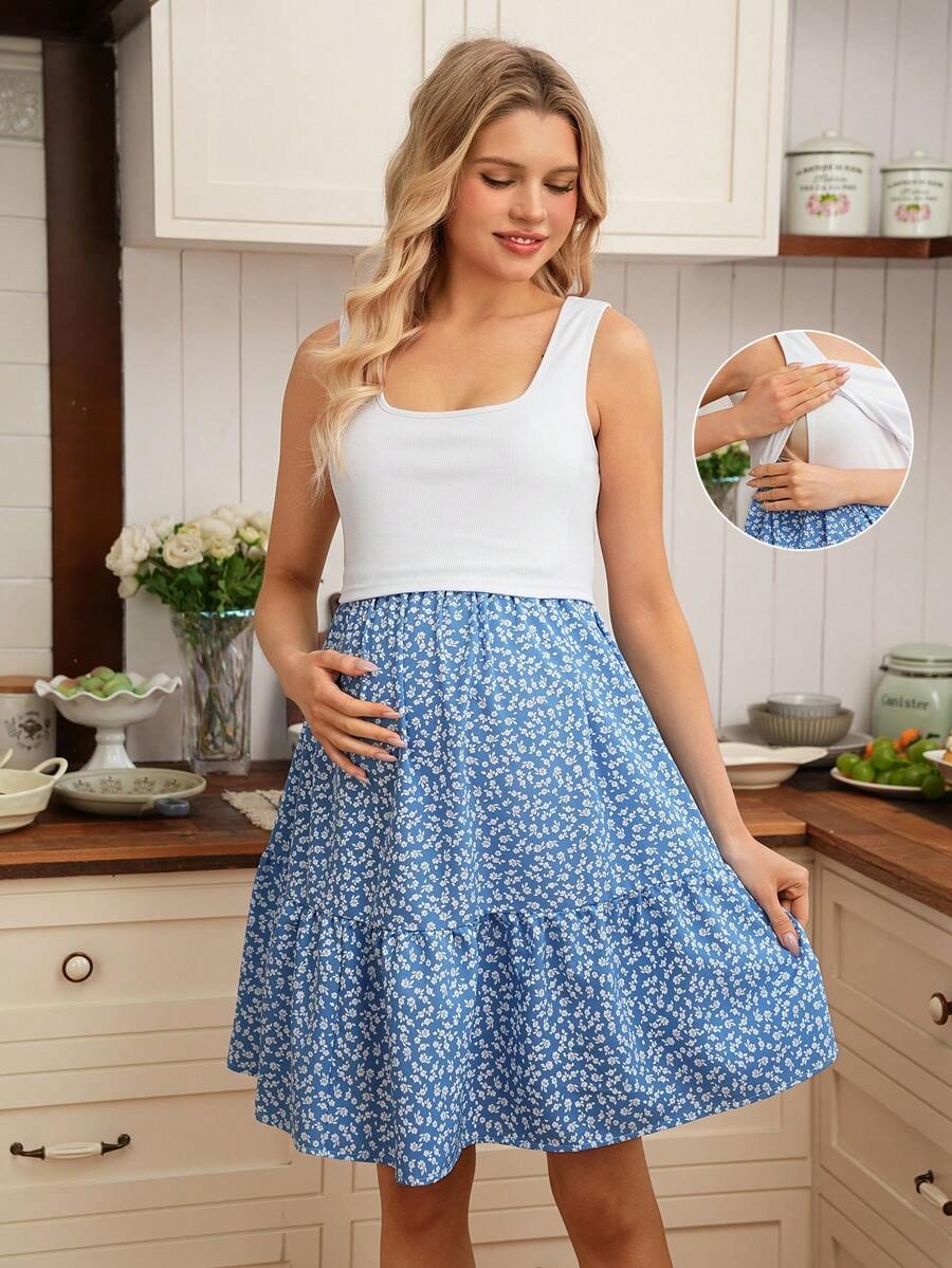 SHEIN Maternity Summer Dress Sleeveless Nursing Dress, Knitted High Elasticity Casual Ditsy Floral - Baby Blue - View 1