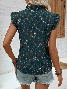 SHEIN LUNE Women's Ditsy Floral Casual Shirt With Flared Sleeves - Teal Blue - View 2