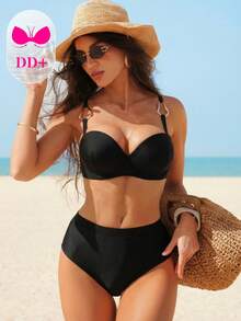 Swim DD+ Women's Nylon Solid Color Sexy Push-Up Underwire DD+ Bikini Set With Metal Shaped Ring Strap Connection, Spring/Summer - Black - View 2