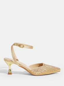 CUCCOO TILAWA 女鞋 时尚尖头杏色水钻踝带派对晚宴性感猫跟高跟鞋 女士露跟鞋 - 金色 - 查看 2