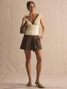 MUSERA Low Waist Tailored Button Shorts Spring Summer Cosy Cute Daily Girly Vacation Spring Outfit Casual Casa De Muse Holiday - Chocolate Brown - View 1