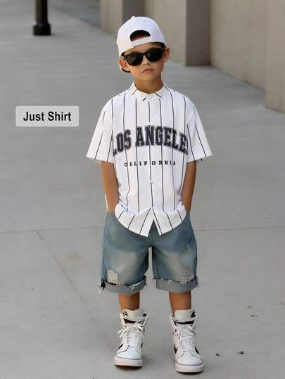 Oversized Boys' Casual Striped Letter Print Short Sleeve Shirt, Loose Fit, Comfortable For Autumn, Spring, Summer, Suitable For Daily Wear, Commuting, Outdoor, Sports, School, Streetwear, Party And Photoshoot