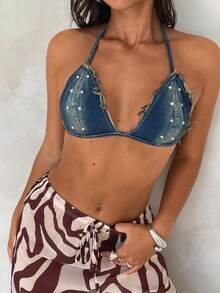 Aloruh Áo denim nữ gợi cảm, rách gối, cổ yếm - Màu xanh lam - Xem 1