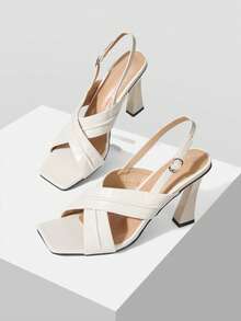 Mnmlis Beige Criss-Cross Strap Square Toe Chunky Heel Sandals, Minimalist Luxury Commuting High-End Feeling - Apricot - View 6