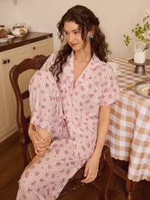 CottageSlumber Bộ đồ ngủ nữ họa tiết hoa và sọc lãng mạn, tay ngắn dáng rộng có túi và áo hai dây, cổ bẻ, kèm quần ống đứng. - Hồng - Xem 1