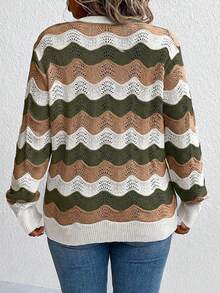 EURMUSE 大码女式 V 领条纹长袖休闲套头毛衣，秋冬百搭户外服装 - 軍綠色 - 查看 2