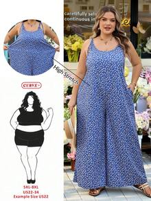 SHEIN CURVE+ Curve 尺码 US22 音乐节、海滨度假、波西米亚风女士碎花宽松连体裤、露肩碎花连体裤、教师装、波西米亚热带度假装、沙滩装、可爱复古热带度假装、欧洲夏季波西米亚风舞蹈服 - 藍色 - 查看 2