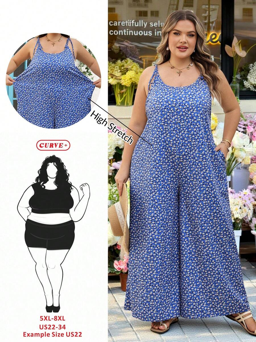 SHEIN CURVE+ Curve 尺码 US22 音乐节、海滨度假、波西米亚风女士碎花宽松连体裤、露肩碎花连体裤、教师装、波西米亚热带度假装、沙滩装、可爱复古热带度假装、欧洲夏季波西米亚风舞蹈服
