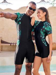 Manfinity VDAYZ Men's Summer Matching Couple Men Vacation Beach Leaf Print Raglan Sleeve One-Piece Swimsuit - Black - View 4