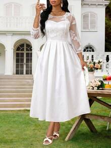 SHEIN Lady 白色间隔面料印花连衣裙 - 白色 - 查看 6