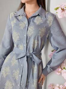 Veilorie 女士刺绣长袖单排扣阿拉伯风格连衣裙 - 灰色 - 查看 7