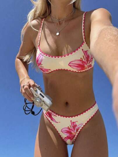 Swim Mod Women's Beach Outfit - Light Yellow With Pastel Pink Floral Print, Contrast Trim Sexy Micro Bikini, Fashionable Casual Resort Cute & Sexy Ladies Swimsuit Set