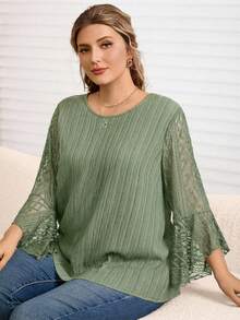 Rosumi Blusa elegante de talla grande para mujer con parches de encaje en unicolor - Verde - Ver 3