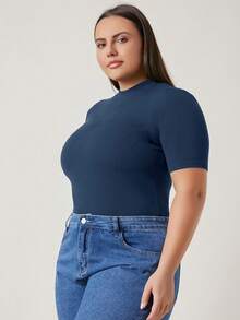 EMERY ROSE Plus Size Casual Solid Color Short Sleeve T-Shirt, Summer - Navy Blue - View 4