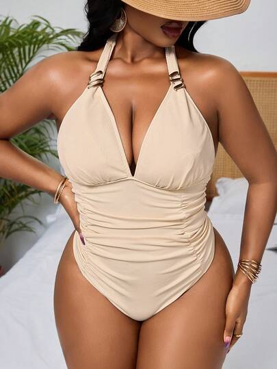 Slaydiva Plus Size Women's Solid Color V-Neck Ruched Waist One-Piece Swimsuit For Beach Vacation