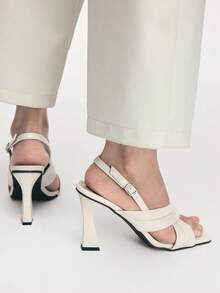 Mnmlis Beige Criss-Cross Strap Square Toe Chunky Heel Sandals, Minimalist Luxury Commuting High-End Feeling - Apricot - View 8