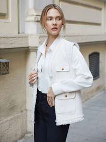 SHEIN Cottnline 1入組翻蓋口袋毛邊緣外套馬甲 - 白色 - 查看 4