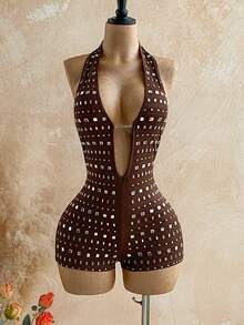 Soleia 女士度假亮片豹纹针织纹理深V露背性感连体衣，时尚修身连体裤，适合派对、约会、下午茶、波西米亚风海滩夏季装扮 - 棕色 - 查看 5