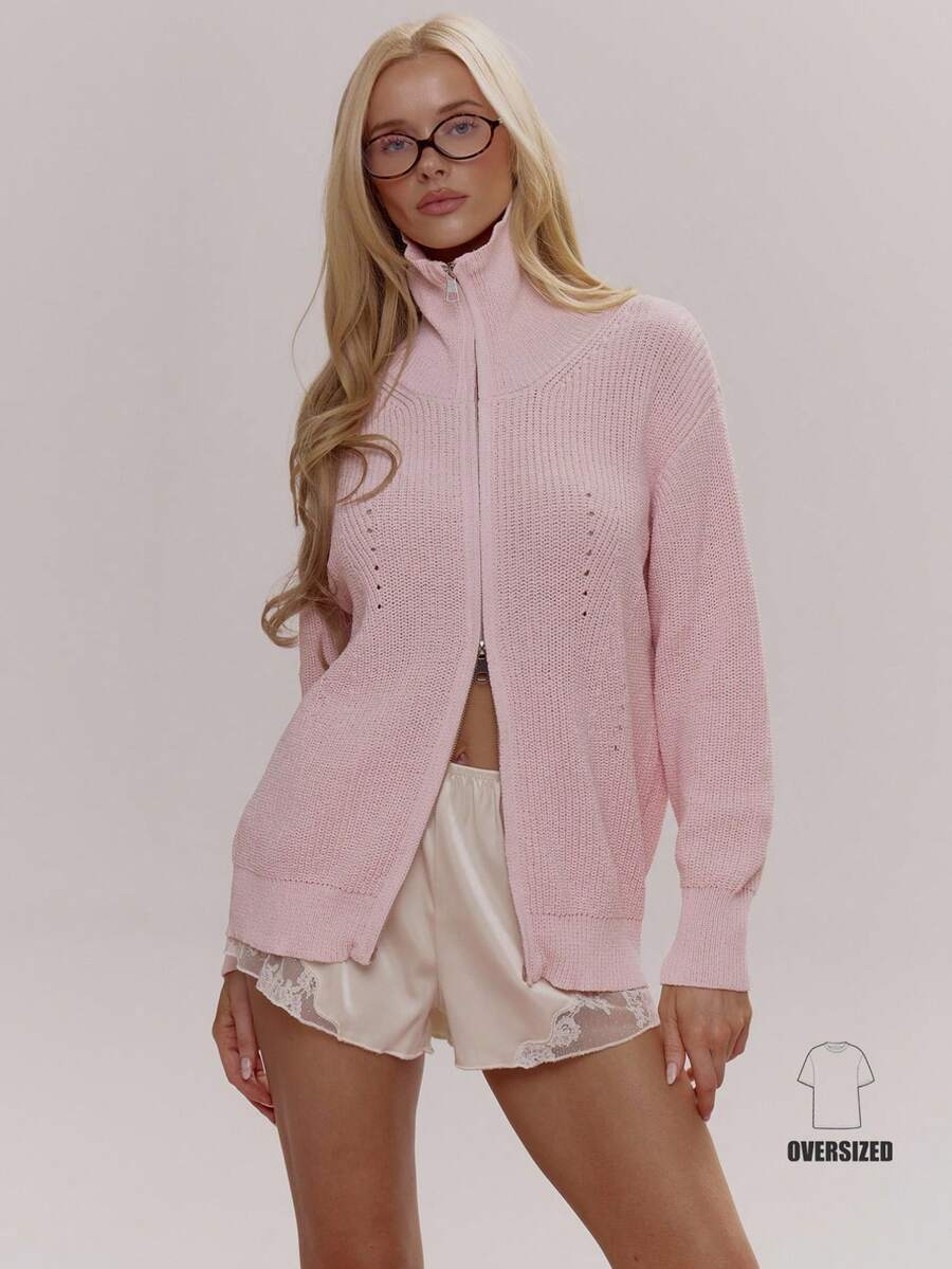MUSERA High Neck Oversized Zip Through Ribbed Knit Jumper Cute Girly Sexy Spring Winter Going Out Daily Sugar Swizzle - Pink - View 1