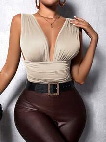 Allurite Sexy Solid Deep V-Neck Sleeveless Bodysuit, Summer - Khaki - View 5