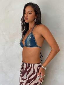 Aloruh Áo denim nữ gợi cảm, rách gối, cổ yếm - Màu xanh lam - Xem 5