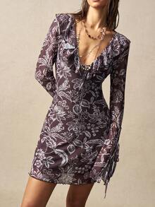 Bohemela Women's Summer Leisure Vacation Romantic Elegance French Beach Bohemian Country Music Festival Western Retro Sexy Paisley Print Ruffle Mini Dress, Summer Outfits For Women,Free And Relaxed Style Of Dressing,Beach Outfit,Summer Vacation Outfits, Party Outfit - Brown - View 4