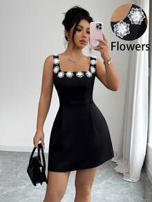 Siren Gaze Nuevo vestido mini de mujer con bloqueo de color negro y blanco, patchwork y estampado floral 3D para primavera/verano - Negro - Ver 6