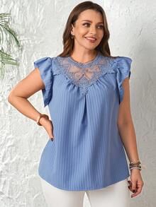 EMERY ROSE Plus Size Women Contrast Lace Striped Round Neck Cap Sleeve Top Women's Tops And Blouses Summer Tops For Women Elegant Boutique Tops For Women Latest Tops For Women New Arrivals Women's Tops For Summer Summer Outfits For Women Beach Outfit For Women Casual Vacation Outfits Women Country Concert Outfit Peplum - Blue - View 3
