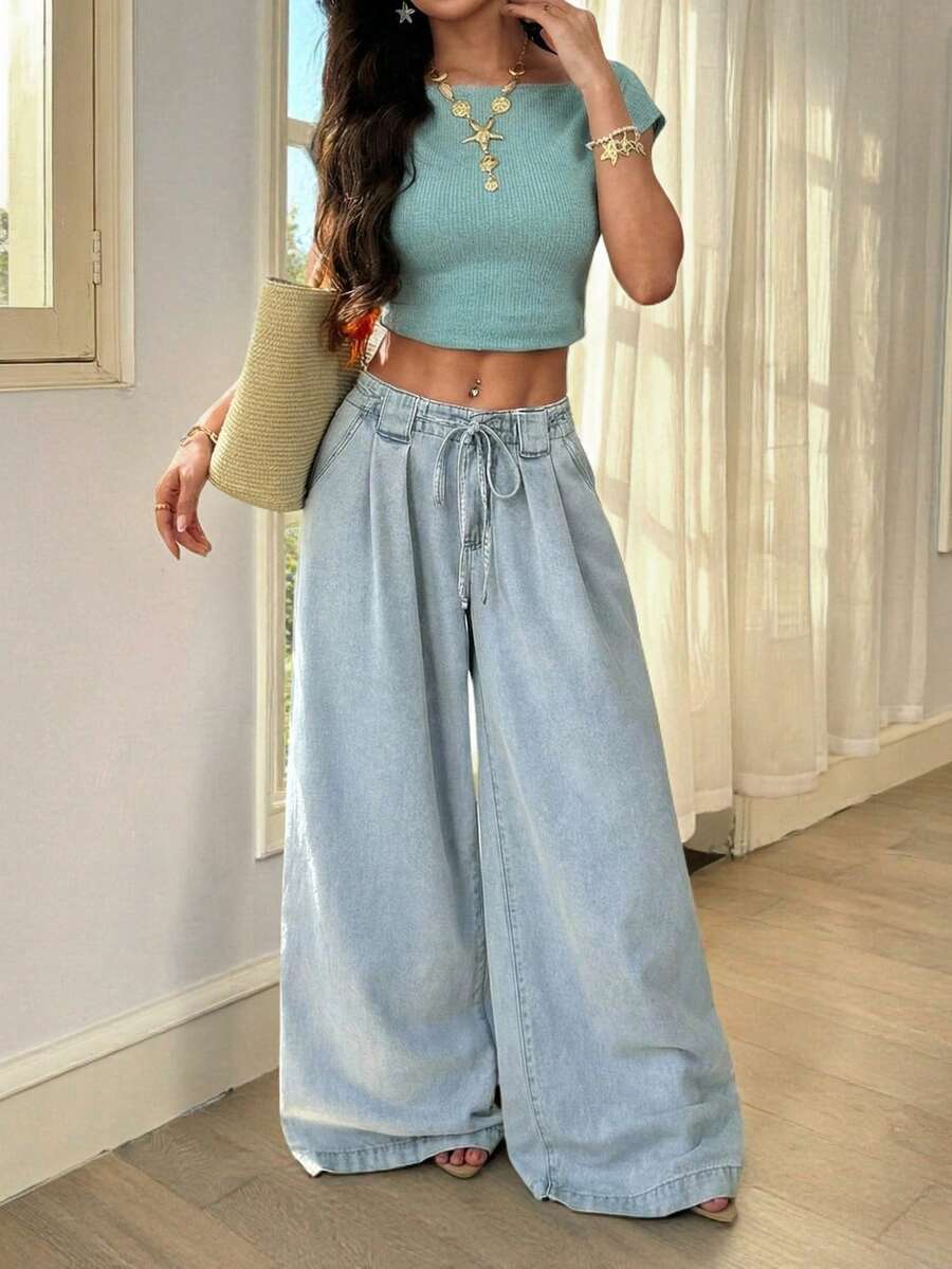 Breezaya 女士系带腰褶裥阔腿宽松休闲牛仔裤 - 藍色 - 查看 1