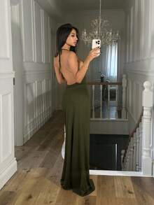 Ronhire 1件套女士纯色针织露背吊带连衣裙 - 軍綠色 - 查看 2