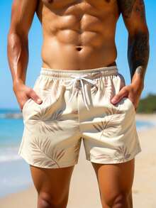 ZELFYO Men's Leaf Print Slant Pocket Drawstring Waist Casual Vacation Beach Shorts - Apricot - View 4