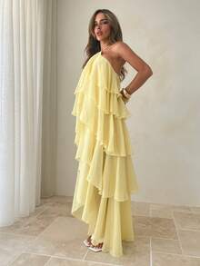Aloruh Đầm nữ màu vàng trơn xếp ly mới, thích hợp cho mùa xuân/hè. - Vàng nhạt - Xem 8