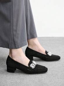 CUCCOO BIZCHIC Women's New Thick Heel Loafers, Fashionable Suede Rhinestone Decor Square Toe Shoes - Black - View 7