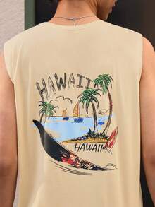 Open Phase Men's Casual Round Neck Coconut Tree & Surfing Print Tank Top, Suitable For Beach Vacation And Daily Wear, Summer - Apricot - View 3