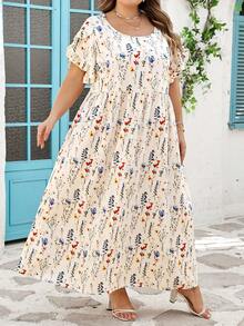SHEIN CURVE+ Curve 尺码 US22 音乐节、海滨度假、波西米亚风随机印花休闲假日风格数码印花宽松短袖连衣裙 - 彩色 - 查看 9