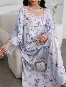 Yasmyna 双层印花蕾丝拼接长款上衣 - 藍色 - 查看 3