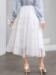 Modelyn White Elastic Waist Lace Women's Loose A-Line Skirt - White - View 4